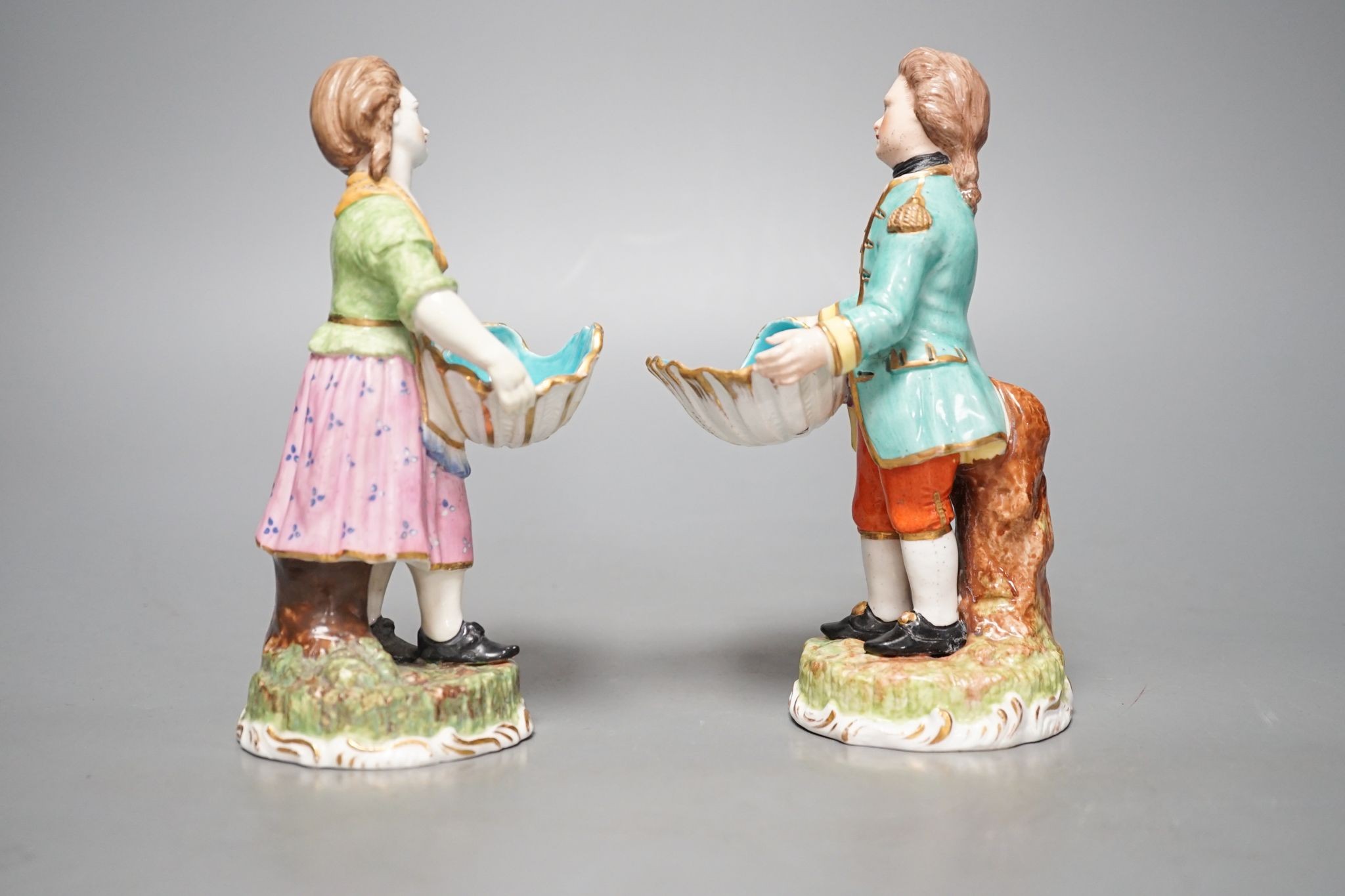 A pair of Sampson Hancock Derby figural salts 17cm